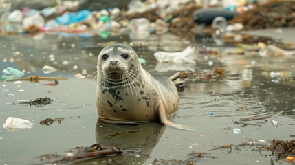 A seal resting on a polluted beach, amid plastic waste and debris, highlighting environmental impact on marine life.