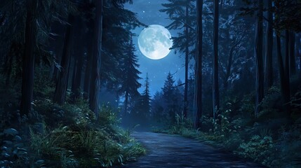 Moonlit Path Through a Dense Forest with Tall Trees and Patches of Moonlight Illuminating the Way. AI generated illustration