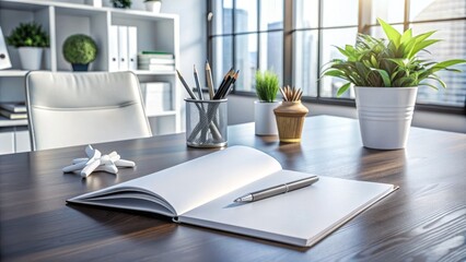 A crisp white brochure lies open on a clutter-free office desk, surrounded by modern office supplies and a sleek silver pen holder, exuding professionalism.