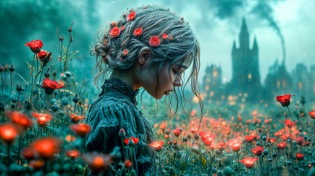 Petite fille dans un champ de coquelicots lumineux