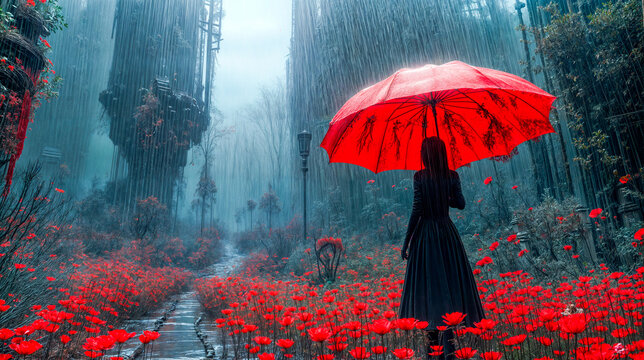 Femme de dos debout avec un parapluie rouge au milieu d'un paysage imaginaire