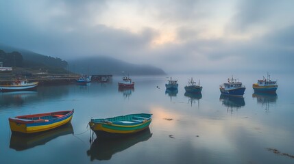Fototapeta premium Quiet Harbor at Dawn with Colorful Fishing Boats Bobbing on the Water and Mist Rising from the Sea. AI generated illustration