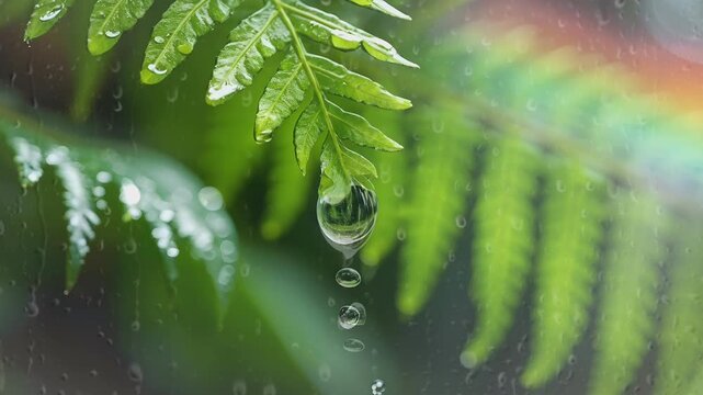 Slow motion close up locked down shot of a single water droplet falling off a fern leaf in nature