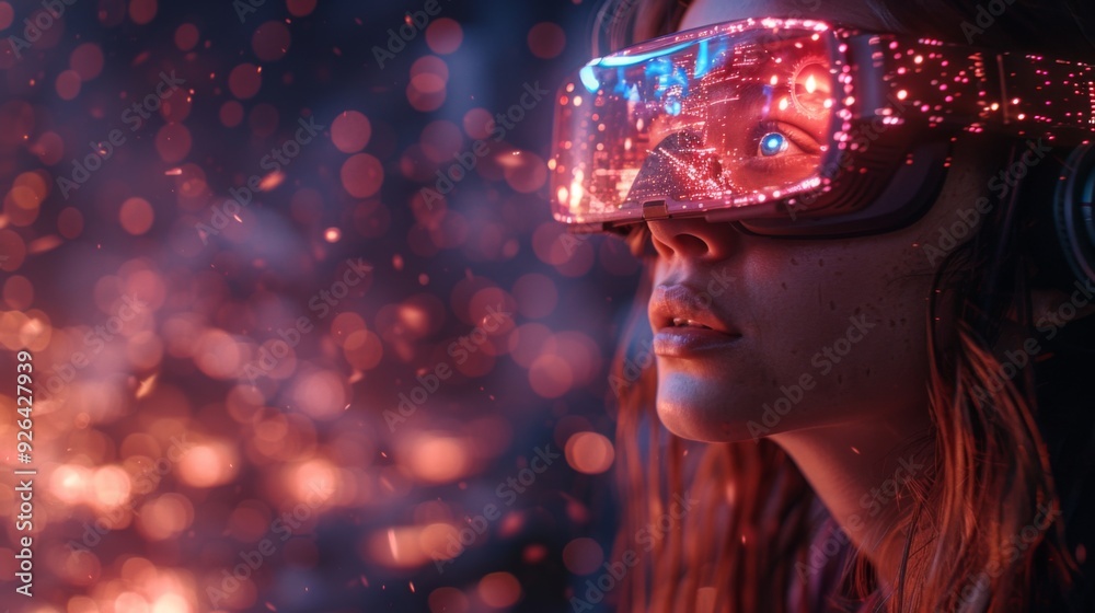Poster design a mesmerizing scene featuring vr goggles users immersed in a virtual realm filled with dynami