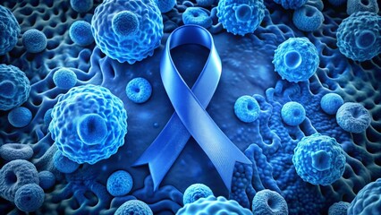 A dark blue Colon Cancer Awareness Month ribbon rests on a microscopic view of colon cells, promoting education and early detection for a cancer cure.