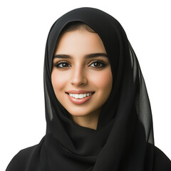 Naklejka premium Smiling young Arab woman wearing Black hijab Black dress Arab and Cultural Concept