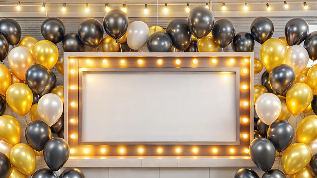 Festive gold and black balloon frame with lights and empty white board for holiday announcement.