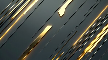 Obraz premium Futuristic geometric design featuring gold light arrows on a grey backdrop. The modern vector illustration includes ample blank space, ideal for high-tech and stylish presentations.