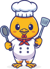 A Cartoon vector illustration of a Chicken Chef Holding Spatula And Ladle.