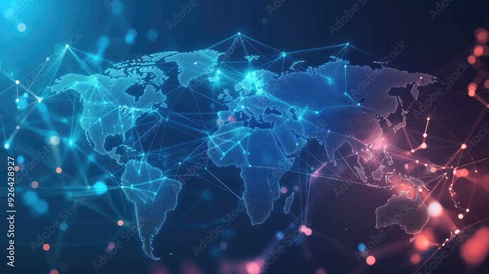 Poster futuristic world map with abstract data connections and telecommunication network lines. vector illu