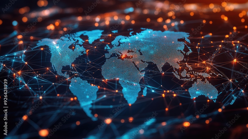 Poster futuristic world map with abstract data connections and telecommunication network lines. vector illu