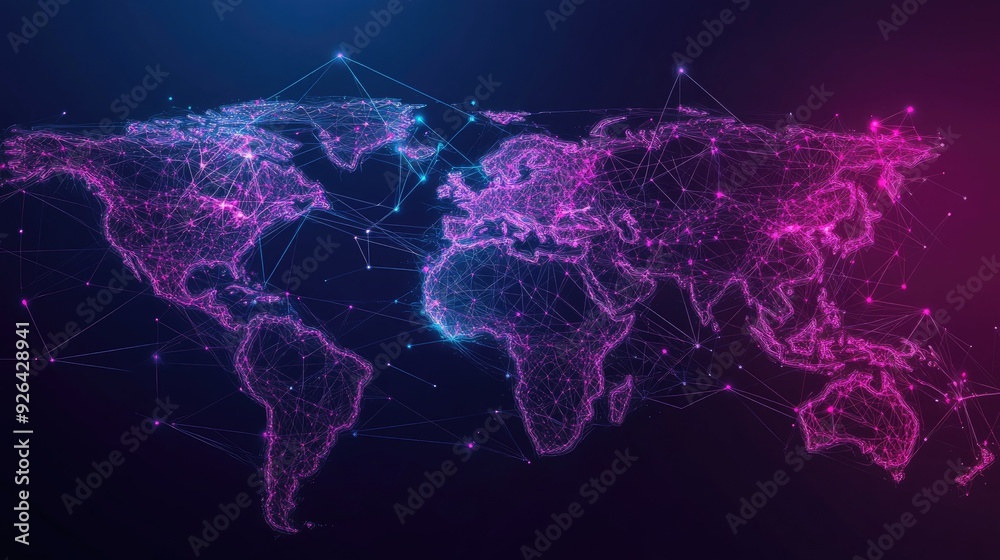 Poster futuristic world map with abstract data connections and telecommunication network lines. vector illu