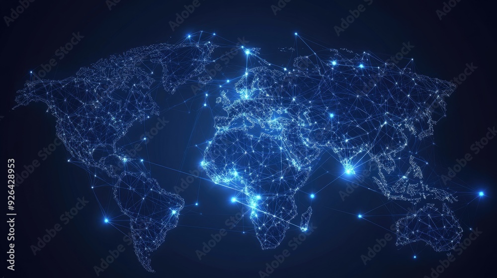 Poster futuristic world map with abstract data connections and telecommunication network lines. vector illu