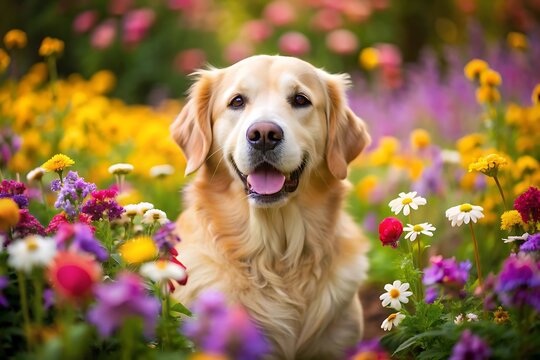 Golden Retriever in a Flower Field.