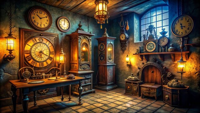 A dimly lit, mysterious room filled with cryptic clues, old clocks, and intricate locks, challenging adventure seekers to solve puzzles and escape before time runs out.