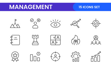 Business and office management Outline Icon Collection. marketing, strategy, teamwork, planning, business, training, office icons illustration.