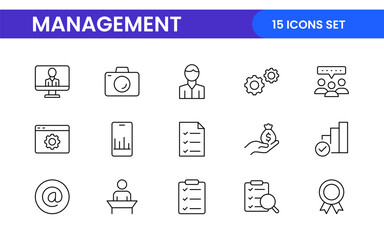 Business and office management Outline Icon Collection. marketing, strategy, teamwork, planning, business, training, office icons illustration.