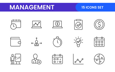 Business and office management Outline Icon Collection. marketing, strategy, teamwork, planning, business, training, office icons illustration.