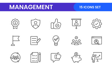 Business and office management Outline Icon Collection. marketing, strategy, teamwork, planning, business, training, office icons illustration.