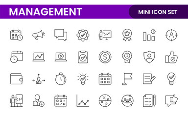 Business and office management Outline Icon Collection. marketing, strategy, teamwork, planning, business, training, office icons illustration.