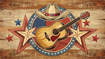 A distressed, vintage-inspired emblem featuring a stylized guitar, cowboy hat, and stars, evoking a classic country music theme, perfect for music festivals or events.