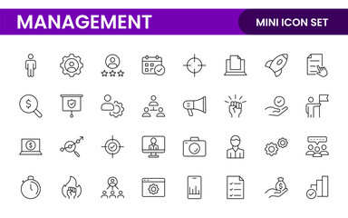 Business and office management Outline Icon Collection. marketing, strategy, teamwork, planning, business, training, office icons illustration.