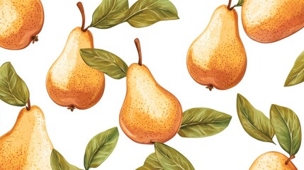Obraz premium Close up cartoon pears and leaves on a white background. Pear fruit texture