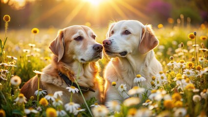 Adorable canine couple cuddles on a sunny meadow, exchanging affectionate glances, with flowers and greenery surrounding them, exuding warmth, love, and playful companionship.