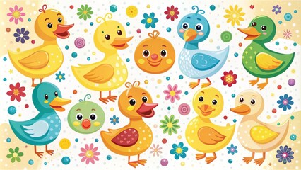 Obraz premium Adorable cartoon ducks in bright colors and playful poses, surrounded by fun shapes and icons, on a white background with subtle texture and curls.