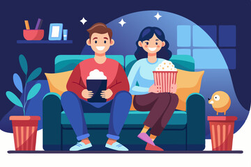 Couple of young people watching TV. Man and woman in a cozy atmosphere watch a movie. Stay at home. Advertising streaming service or online cinema.
