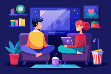 Couple of young people watching TV. Man and woman in a cozy atmosphere watch a movie. Stay at home. Advertising streaming service or online cinema.
