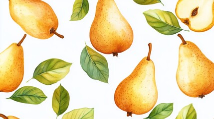 Obraz premium Close up cartoon pears and leaves on a white background. Pear fruit texture