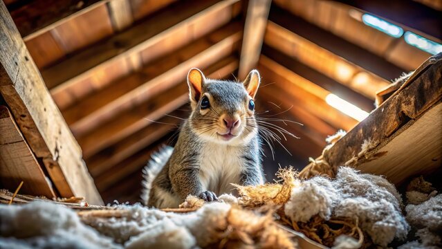 Adorable fluffy squirrel peeking out from messy attic insulation, surrounded by dusty trunks and forgotten boxes, warm natural light spills in through the roof vent.