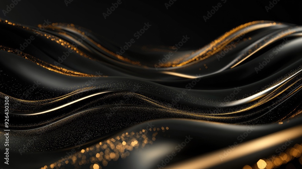 Fototapete gold lines flowing gracefully across a 3d black background with subtle sparkles, perfect for luxury-