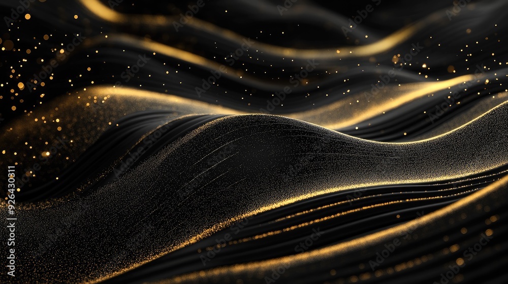 Fototapete gold lines flowing gracefully across a 3d black background with subtle sparkles, perfect for luxury-