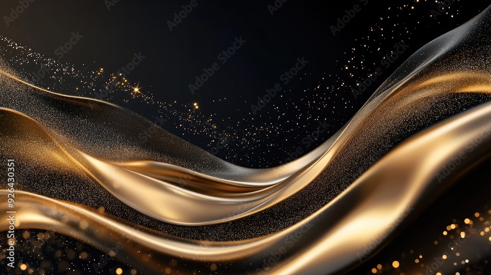 Fototapete gold lines flowing gracefully across a 3d black background with subtle sparkles, perfect for luxury-