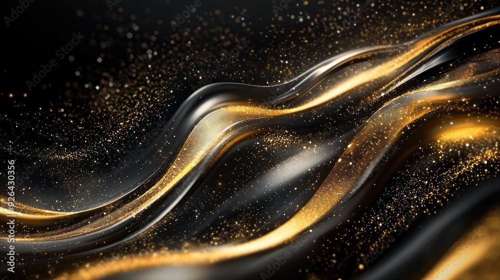 Fototapete gold lines flowing gracefully across a 3d black background with subtle sparkles, perfect for luxury-