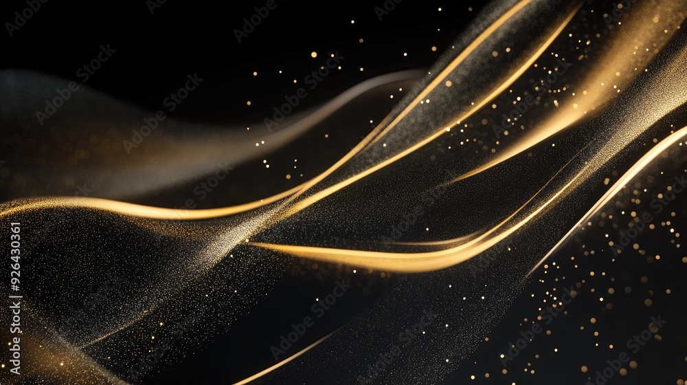 Fototapete gold lines flowing gracefully across a 3d black background with subtle sparkles, perfect for luxury-