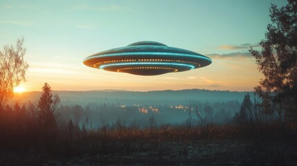 Fototapeta premium Mysterious alien encounter ufo in countryside, spaceship on earth, strange flying saucer