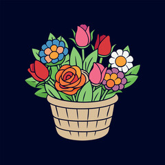 colorful bouquet and flowers in a basket vector illustration design