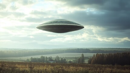 Mysterious ufo encounter  alien abduction with flying saucer in rural countryside