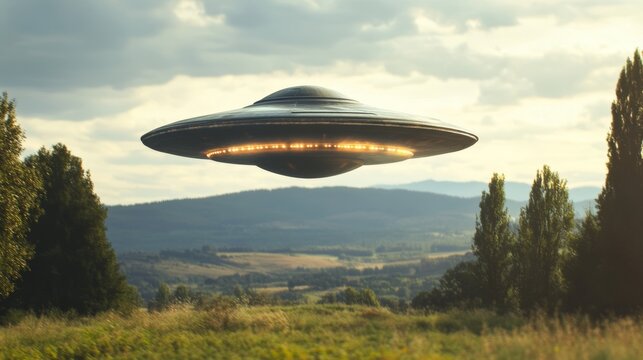 Mysterious ufo encounter and alien abduction with flying saucer in rural countryside