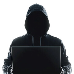 Hacker in black hoddie using laptop isolated on Transparent and white background Hacker and Cybersecurity Concept