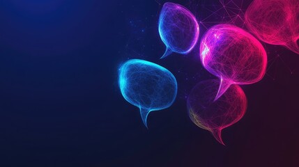 Innovative e-commerce and communication banner featuring glowing speech bubbles in a polygonal style. Dark blue background with space for virtual networking and dialogue content.