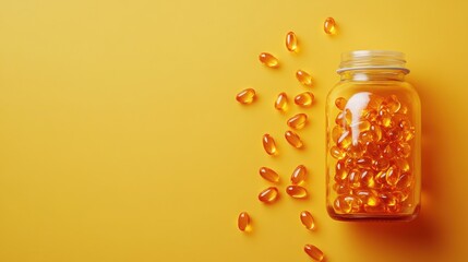 Eye Health Supplements: Eye health supplement capsules in a clear bottle with some capsules scattered outside.