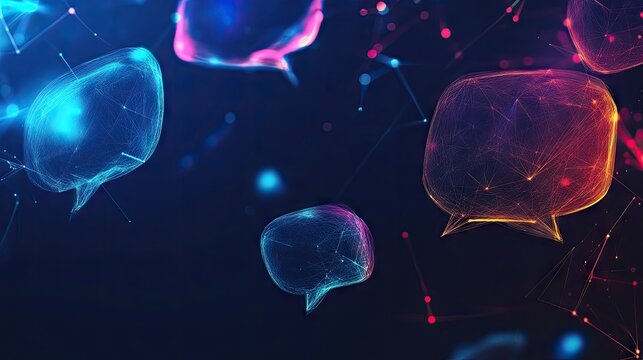 Innovative e-commerce and communication banner featuring glowing speech bubbles in a polygonal style. Dark blue background with space for virtual networking and dialogue content. - Powered by Adobe