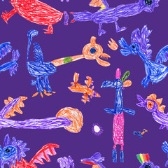 Hand felt-tip pen sketches of fairy tale Dragons and monsters. Seamless pattern on a dark purple background