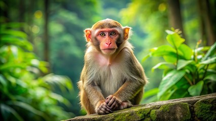 Fototapeta premium Adorable rhesus macaque monkey sitting on a stone wall in a lush green forest, curiously looking around with bright brown eyes and fluffy fur.