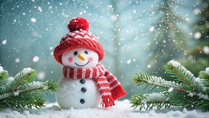 Adorable snowman stands outdoors, wrapped in a vibrant red scarf and wearing a cheerful winter hat, surrounded by snowflakes and evergreen branches.