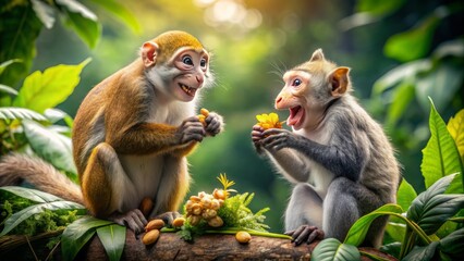 Obraz premium Adorable squirrel and mischievous monkey become fast friends, sharing a laugh and a snack in a lush, vibrant jungle filled with exotic foliage and playful energy.